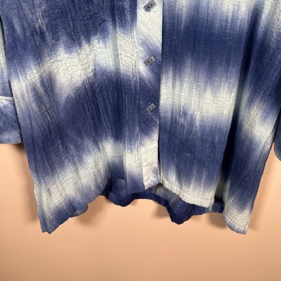 Ali Miles Crinkle Tunic Button Up Top Size Large Blue Tie Dye Artsy Art to Wear - Picture 6 of 11